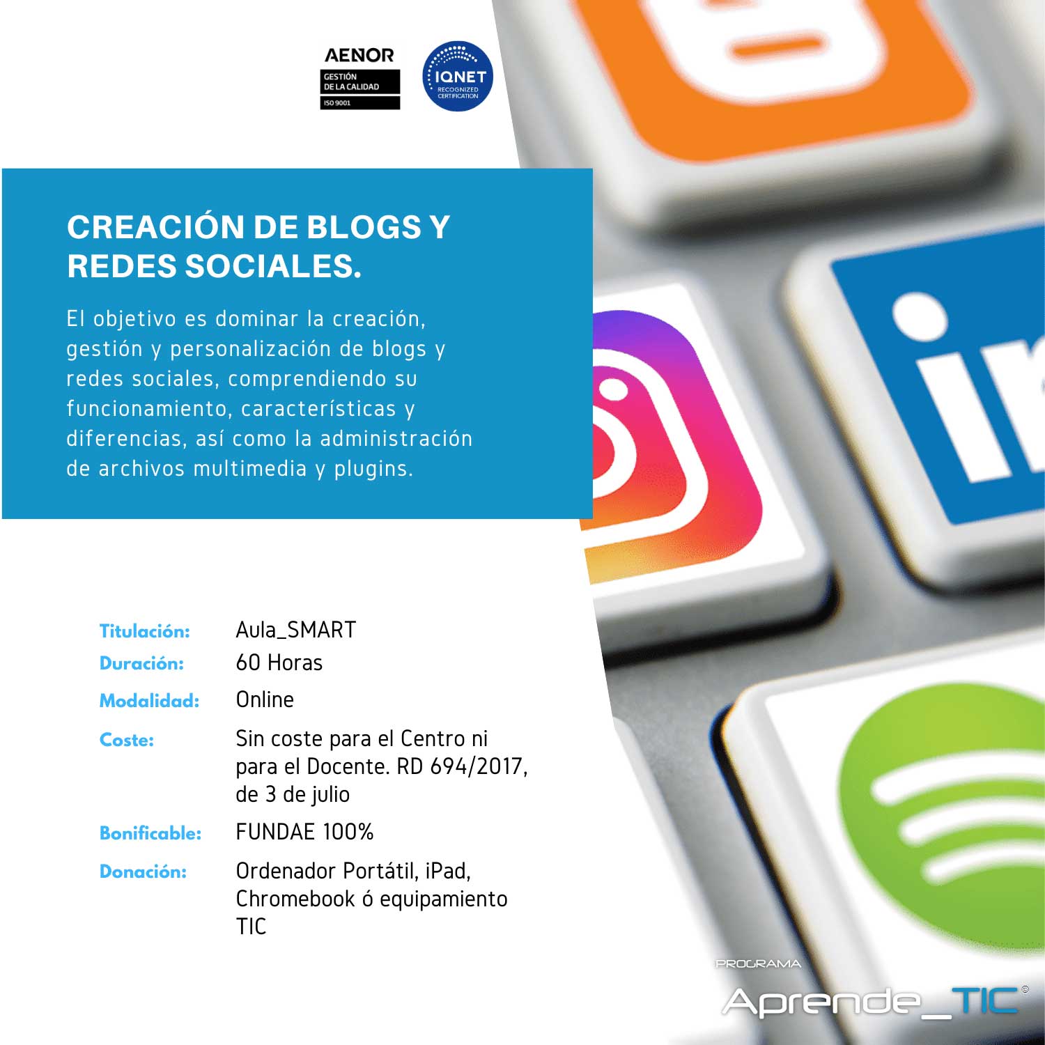 ¡Domina la creación de blogs y redes sociales! Este curso de 60 horas te enseñará a gestionar y optimizar tu presencia online. Aprende a crear contenido atractivo y a utilizar herramientas digitales para maximizar tu impacto. ¡Inscríbete y transforma tu comunicación digital!