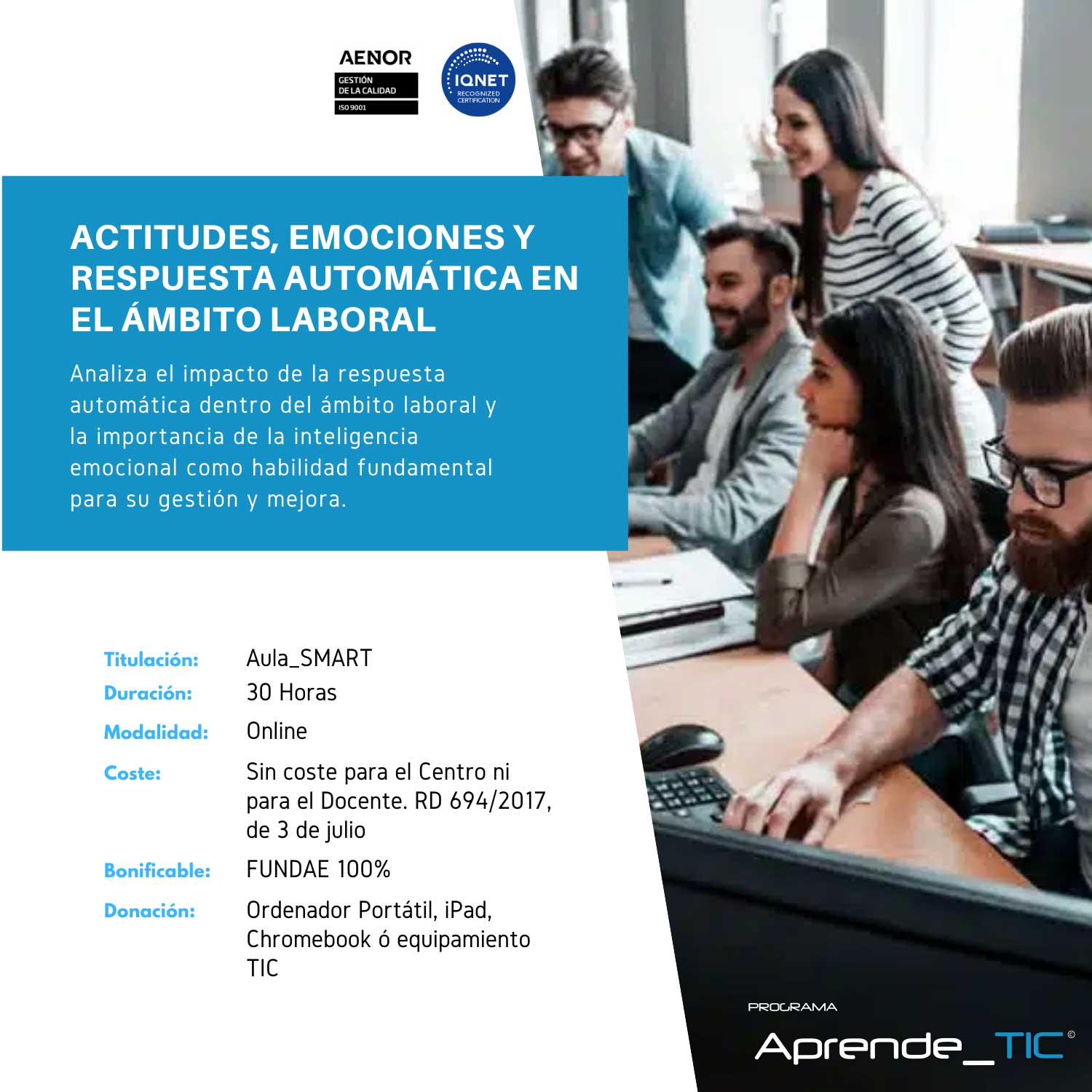 ¡Descubre cómo gestionar tus emociones y mejorar tu respuesta automática en el trabajo! Este curso de 30 horas te enseñará a identificar causas, gestionar el estrés y potenciar tu inteligencia emocional. ¡Transforma tu entorno laboral y alcanza el bienestar personal!