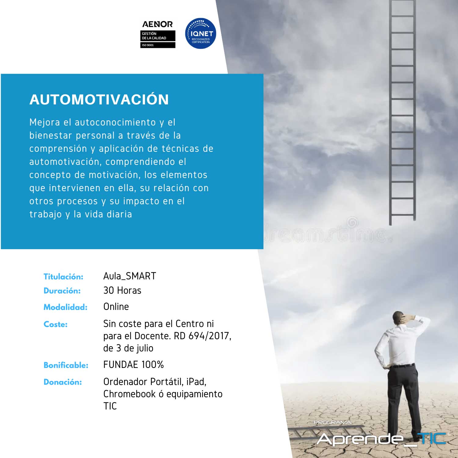 ¡Impulsa tu motivación personal! Este curso de 30 horas te enseñará técnicas efectivas para mantenerte motivado y alcanzar tus metas. Aprende a superar la desmotivación y a potenciar tu bienestar emocional. ¡Inscríbete y transforma tu vida con automotivación!