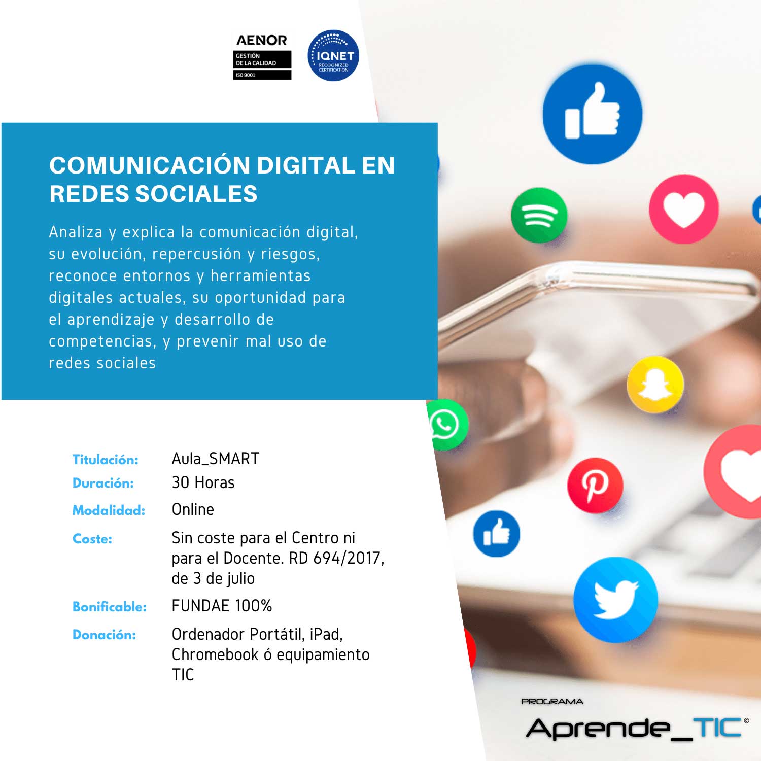 ¡Domina la comunicación digital en redes sociales! Este curso de 30 horas te enseñará a crear contenido atractivo, gestionar comunidades y utilizar herramientas avanzadas para maximizar tu impacto. Aprende de expertos y lleva tu presencia online al siguiente nivel.
