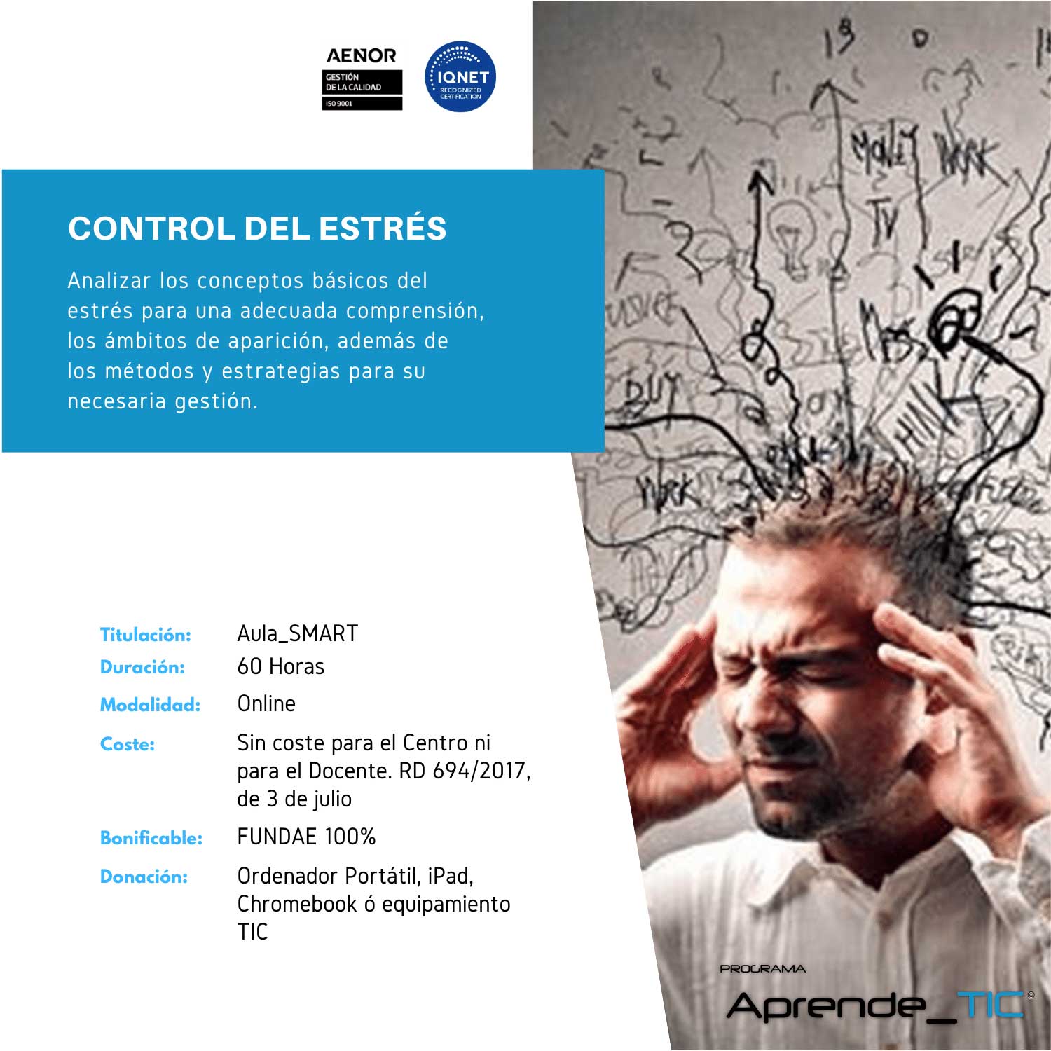 ¡Aprende a gestionar el estrés y mejora tu bienestar! Este curso de 60 horas te enseñará técnicas efectivas para reducir el estrés, mejorar tu salud mental y aumentar tu productividad. Descubre estrategias prácticas y transforma tu vida profesional.