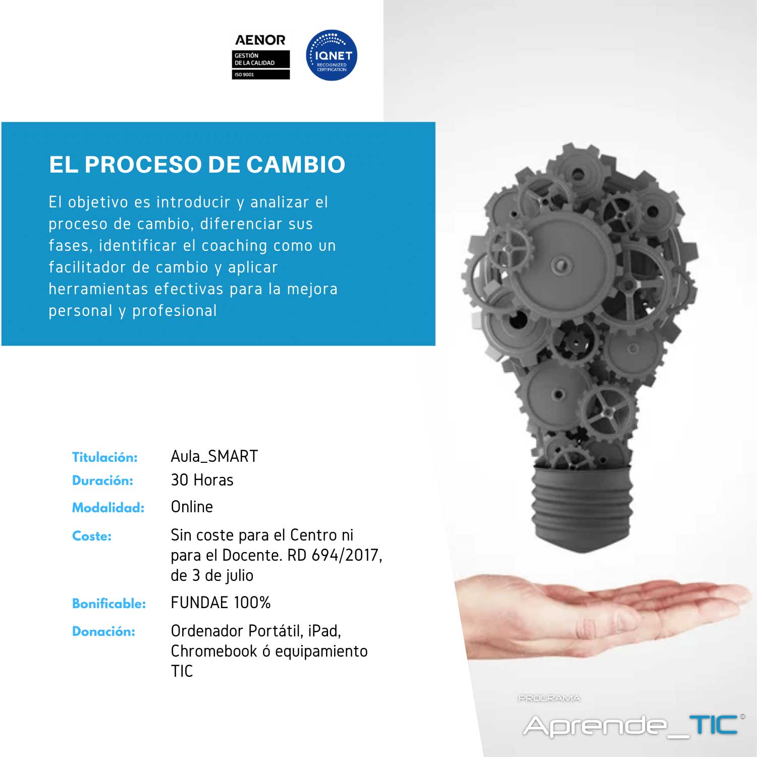 ¡Descubre nuestro curso El Proceso de Cambio! En solo 30 horas, aprende a gestionar y liderar procesos de cambio en tu organización. Desarrolla habilidades para enfrentar desafíos y transformar tu entorno laboral. ¡Inscríbete ahora y lleva tu carrera al siguiente nivel!