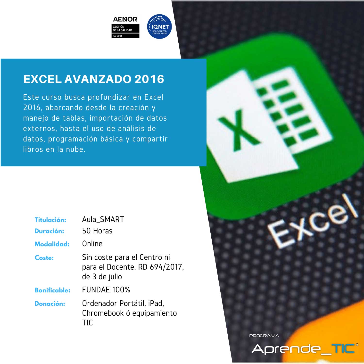 ¡Descubre nuestro curso Excel Avanzado 2016! En solo 60 horas, domina técnicas avanzadas y herramientas esenciales para optimizar tu trabajo con Excel. Desde funciones complejas hasta análisis de datos, lleva tus habilidades al siguiente nivel. ¡Inscríbete ahora y destaca en tu profesión!