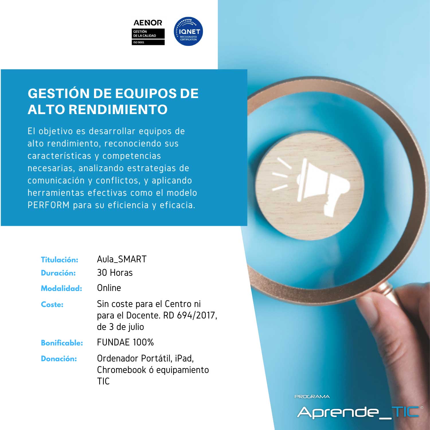 ¡Descubre nuestro curso Gestión de Equipos de Alto Rendimiento! En solo 30 horas, aprende a liderar y motivar equipos para alcanzar su máximo potencial. Desarrolla habilidades clave en comunicación, cohesión y productividad. ¡Inscríbete ahora y transforma tu equipo!