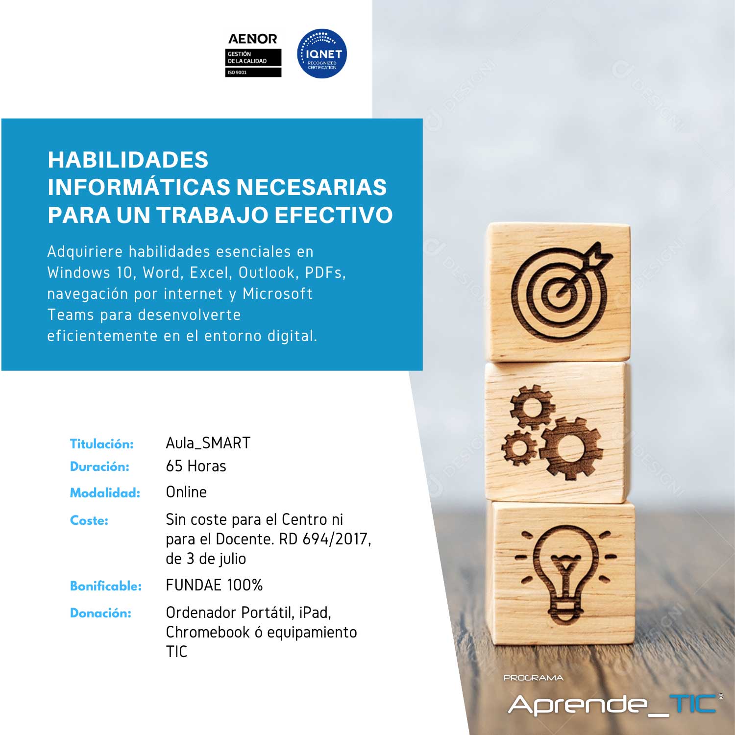 ¡Descubre nuestro curso Habilidades Informáticas Necesarias para un Trabajo Efectivo! En solo 65 horas, adquiere conocimientos esenciales en Windows 10, Word, Excel, Outlook y más. Mejora tu eficiencia y destaca en tu entorno laboral. ¡Inscríbete ahora y transforma tu carrera!