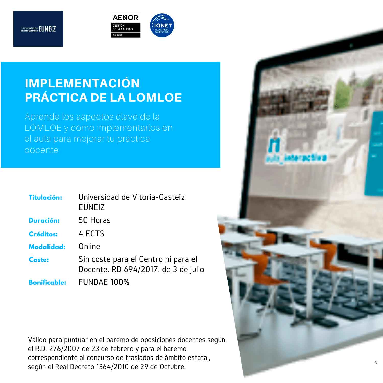 ¡Actualiza tus conocimientos con el curso “Implementación Práctica de la LOMLOE”! Aprende las novedades de la ley educativa y cómo aplicarlas en el aula. Curso online, 100% bonificable y con titulación universitaria. ¡Inscríbete ahora y recibe un equipo TIC gratuito!