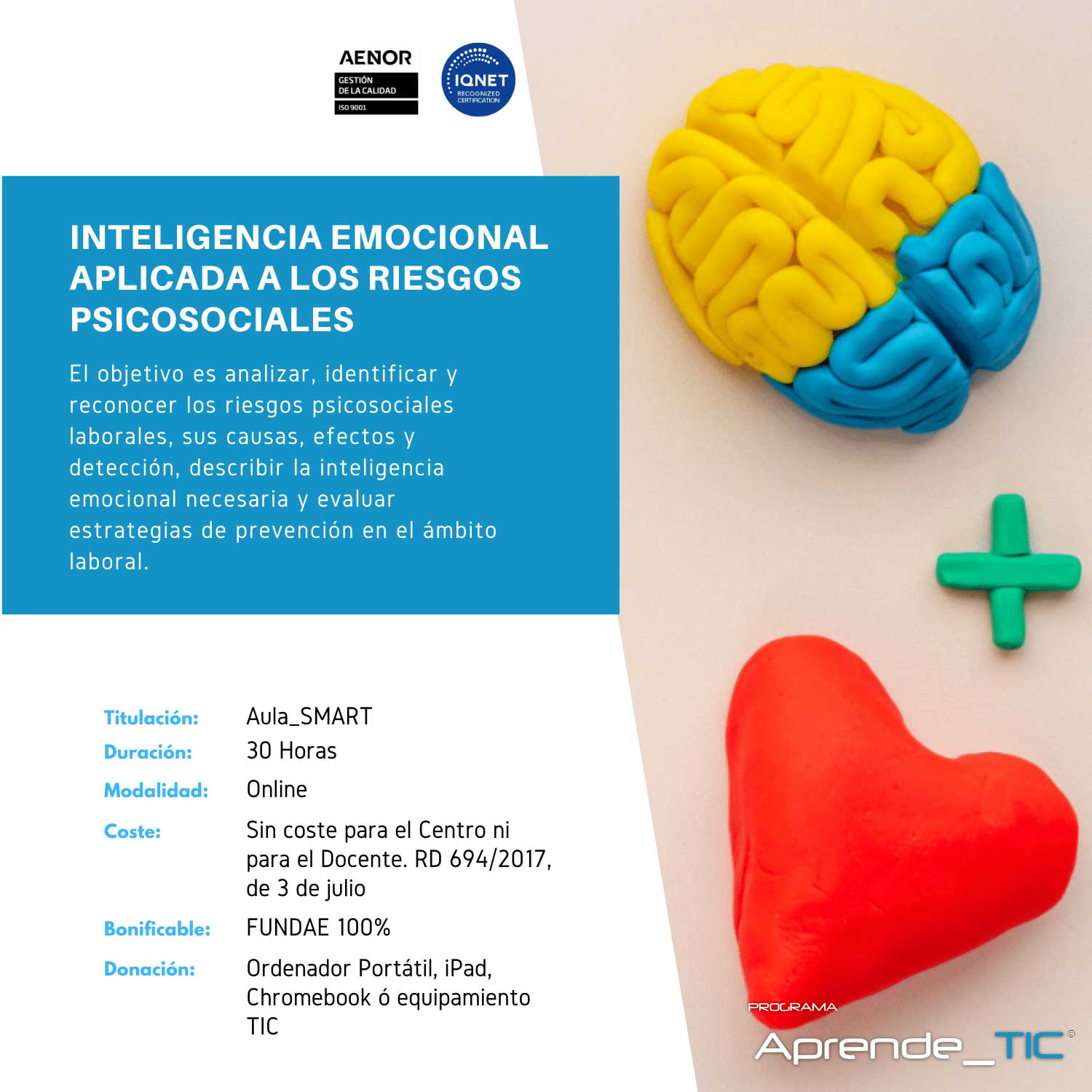 ¡Mejora tu entorno laboral con nuestro curso Inteligencia Emocional aplicada a los Riesgos Psicosociales! En solo 30 horas, aprende a identificar y gestionar el estrés, burnout y otros riesgos psicosociales. ¡Inscríbete ahora y transforma tu bienestar profesional!