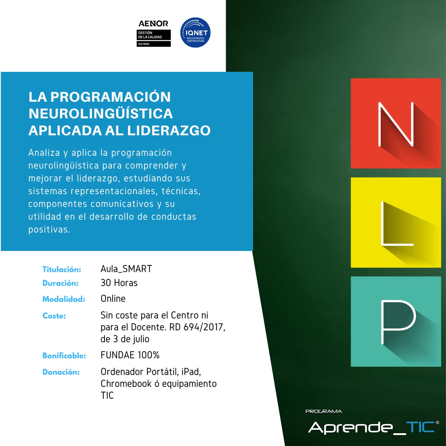 ¡Lidera con éxito con nuestro curso de Programación Neurolingüística aplicada al Liderazgo! En solo 30 horas, aprende técnicas avanzadas de PNL para mejorar tus habilidades de liderazgo y comunicación. ¡Inscríbete ahora y transforma tu capacidad de liderazgo!