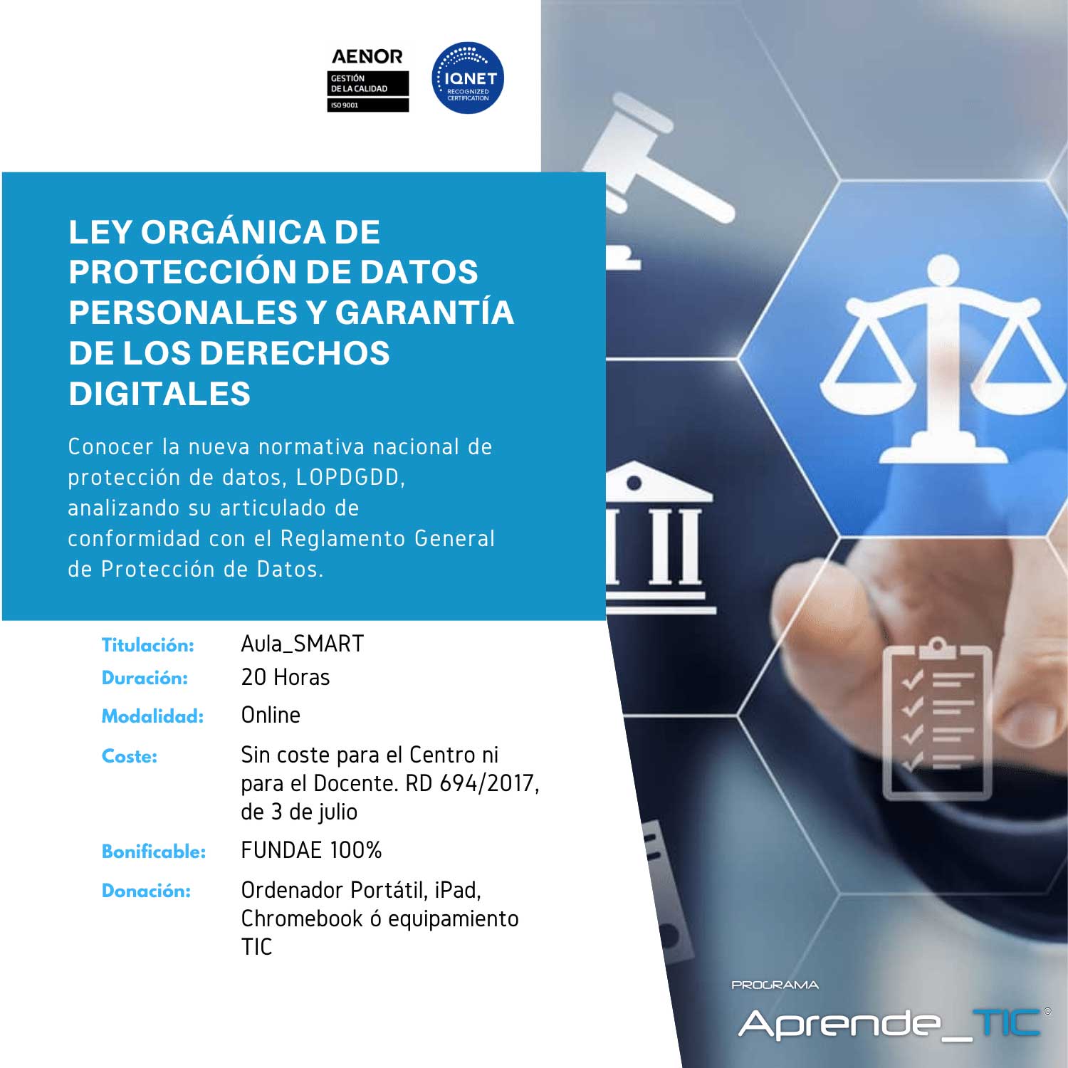 ¡Protege la privacidad con nuestro curso sobre la Ley Orgánica de Protección de Datos Personales y Garantía de los Derechos Digitales! En solo 20 horas, aprende a gestionar y asegurar los datos personales conforme a la normativa vigente. ¡Inscríbete ahora y garantiza la seguridad de la información!