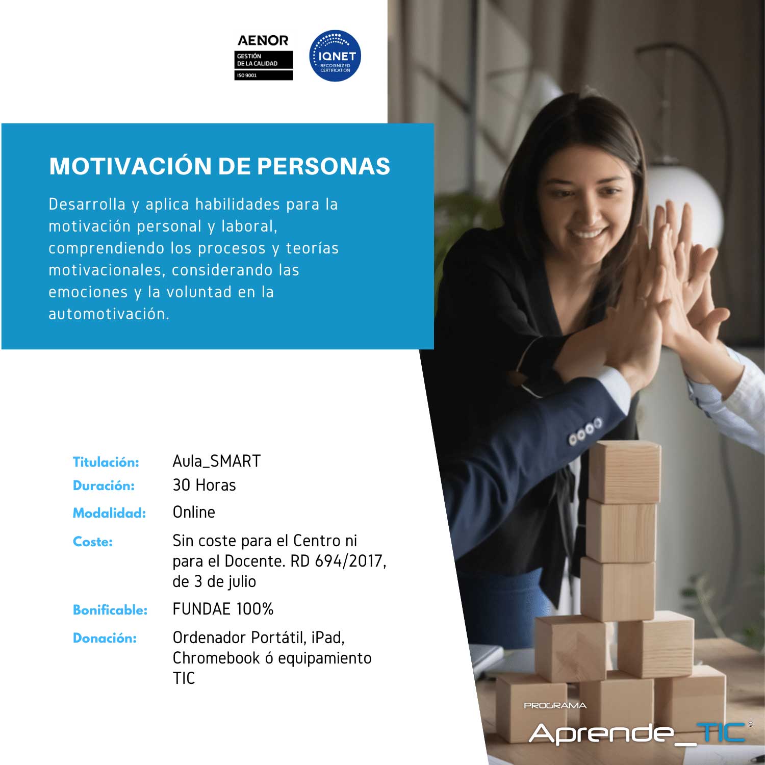 ¡Inspira y motiva con nuestro curso Motivación de Personas! En solo 30 horas, adquiere las herramientas necesarias para impulsar el rendimiento y la satisfacción de tu equipo. ¡Inscríbete ahora y transforma tu capacidad de liderazgo!