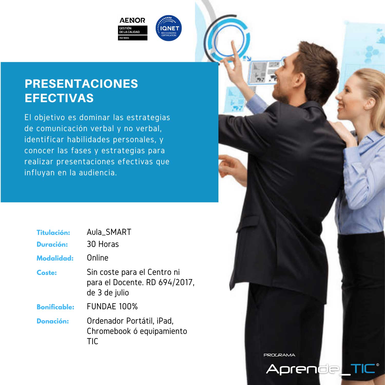 ¡Domina el arte de la comunicación con nuestro curso Presentaciones Efectivas! En solo 30 horas, aprenderás a crear y entregar presentaciones impactantes que cautiven a tu audiencia. Mejora tus habilidades y destaca en cualquier entorno profesional. ¡Inscríbete ahora y transforma tu manera de presentar!