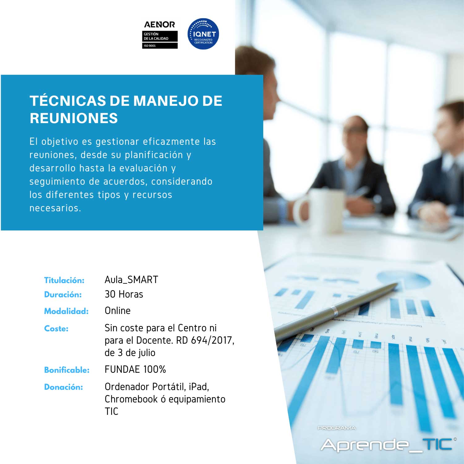 ¡Mejora tus reuniones con nuestro curso Técnicas de Manejo de Reuniones! En solo 30 horas, aprenderás a planificar, dirigir y evaluar reuniones de manera efectiva. Aumenta la productividad y el compromiso de tu equipo. ¡Inscríbete ahora y transforma tus reuniones!