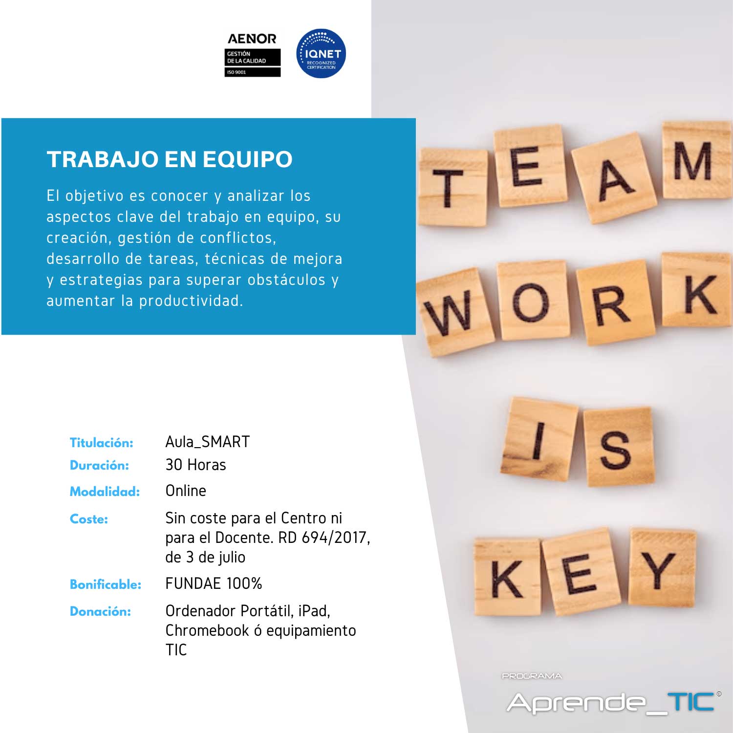 ¡Potencia la colaboración con nuestro curso Trabajo en Equipo! En solo 30 horas, aprenderás a fomentar la cohesión y la productividad en tu grupo de trabajo. Desarrolla habilidades clave para liderar y participar eficazmente en equipos. ¡Inscríbete ahora y transforma tu manera de trabajar!