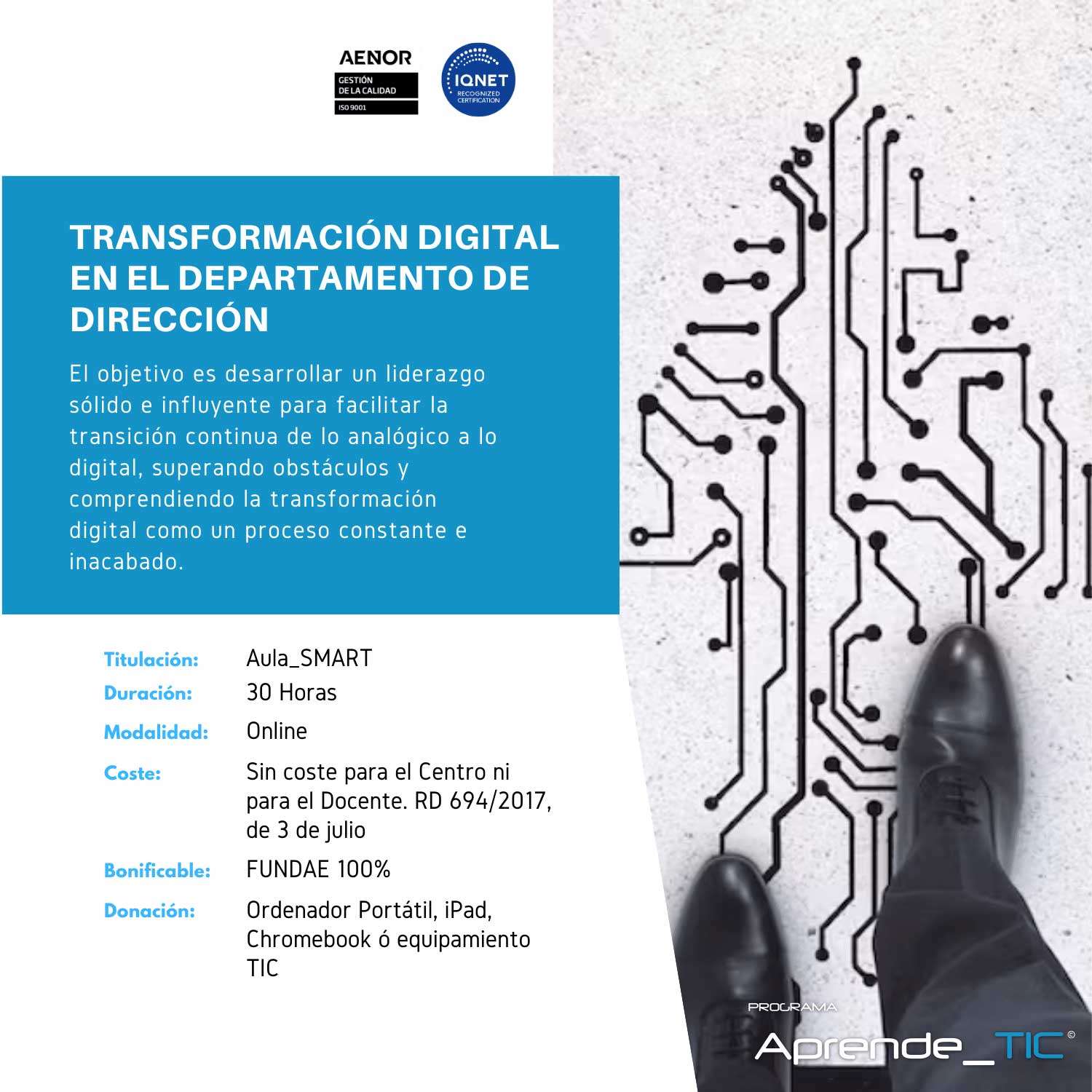 ¡Lidera el cambio con nuestro curso Transformación Digital en el Departamento de Dirección! En solo 30 horas, aprenderás a implementar estrategias digitales efectivas para modernizar tu empresa. Desarrolla una visión innovadora y mejora la competitividad. ¡Inscríbete ahora y transforma tu dirección!