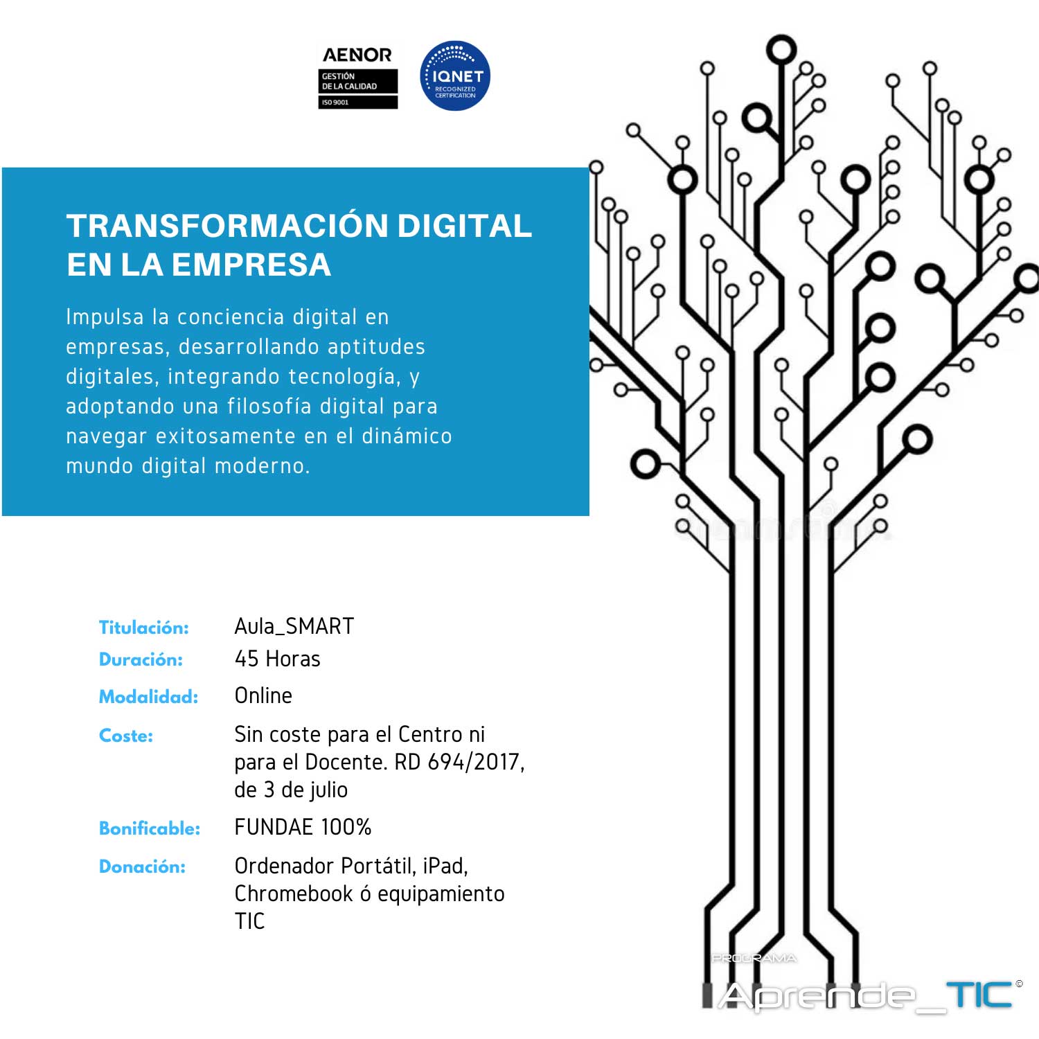¡Lleva tu empresa al futuro con nuestro curso Transformación Digital! En solo 45 horas, aprenderás a implementar estrategias digitales innovadoras para mejorar la eficiencia y competitividad de tu negocio. ¡Inscríbete ahora y lidera la transformación en tu sector!