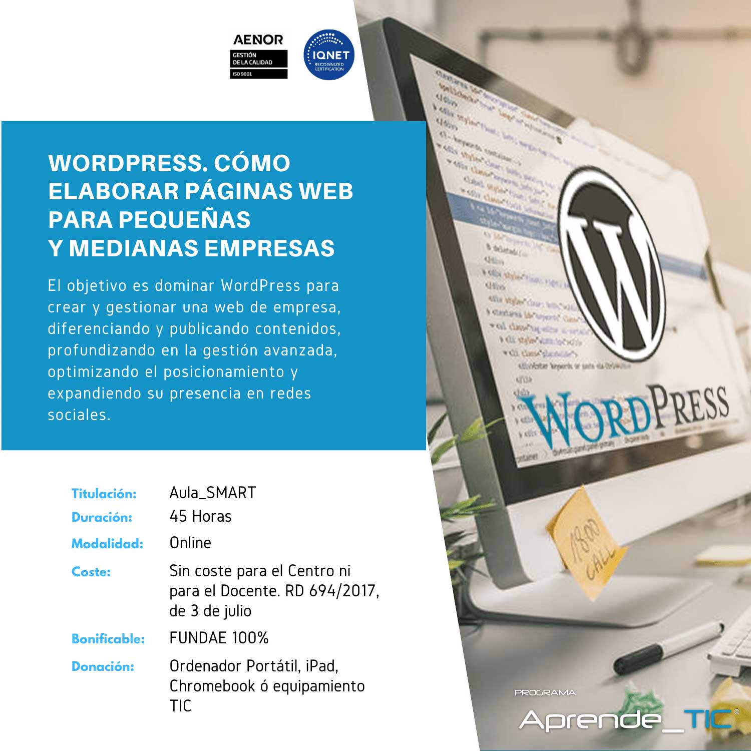 ¡Crea tu sitio web con nuestro curso WordPress para PYMES! En solo 45 horas, aprenderás a diseñar, gestionar y publicar páginas web profesionales para pequeñas y medianas empresas. ¡Inscríbete ahora y lleva tu negocio al mundo digital!