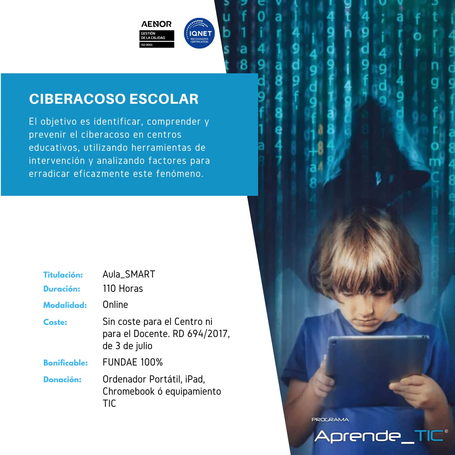 ¡Protege a los jóvenes del ciberacoso! Este curso de 110 horas te enseñará a identificar, prevenir y actuar ante el ciberacoso escolar. Aprende estrategias efectivas para crear un entorno seguro y apoyar a las víctimas. ¡Inscríbete y marca la diferencia en la vida de los estudiantes!