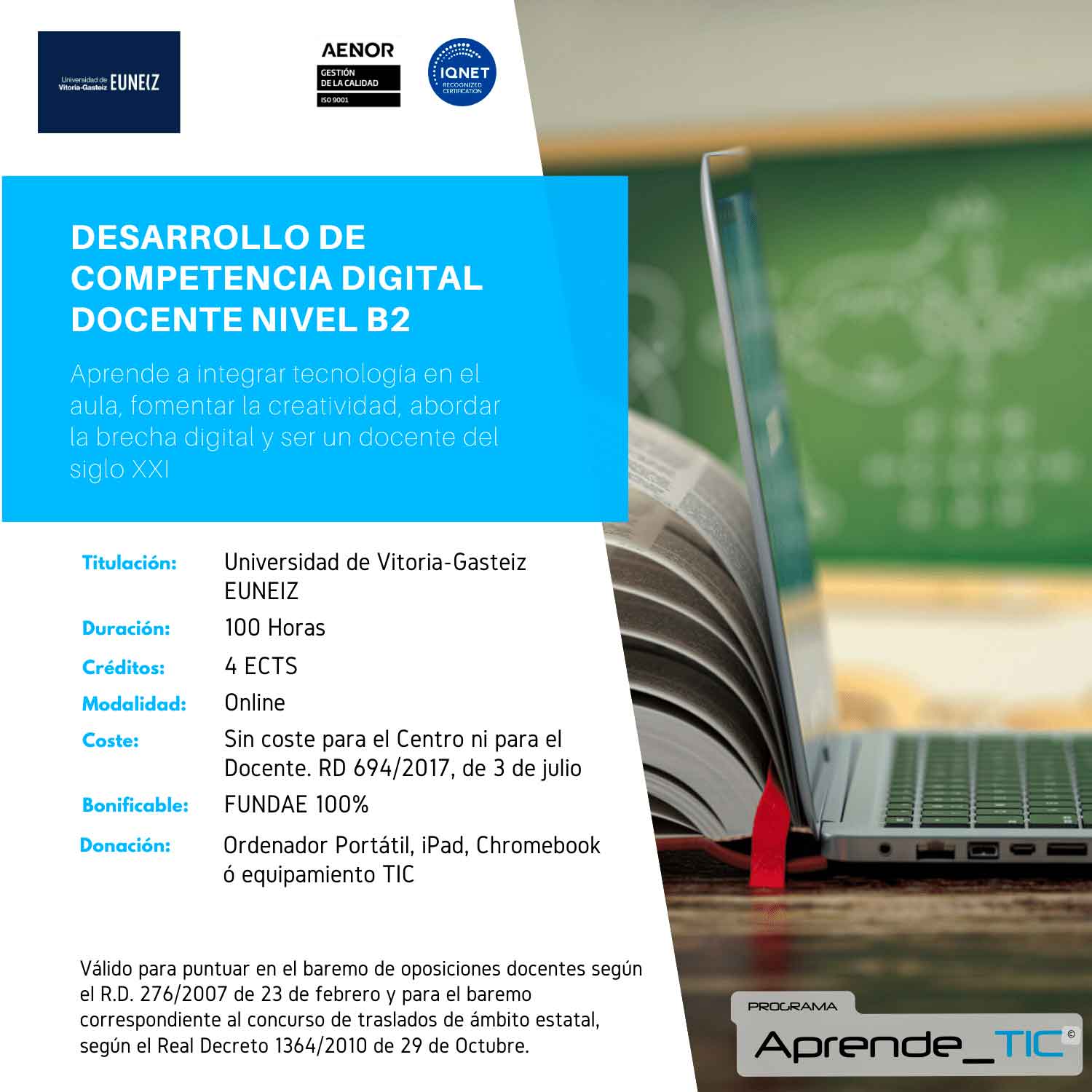 ¡Avanza en tu carrera docente con el curso “Desarrollo de Competencia Digital Docente: Nivel B2”! Mejora tus habilidades tecnológicas, obtén una titulación universitaria y recibe un equipo TIC gratuito. Curso online, 100% bonificable. ¡Inscríbete ahora y transforma tu enseñanza!