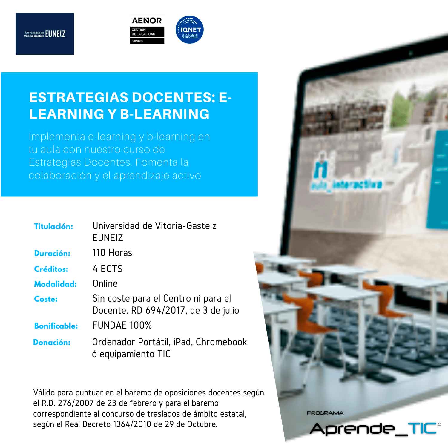 ¡Revoluciona tu enseñanza con el curso “Estrategias Docentes: E-learning y B-Learning”! Aprende a diseñar y aplicar métodos innovadores de enseñanza online y semipresencial. Curso online, 100% bonificable y con titulación universitaria. ¡Inscríbete ahora y recibe un equipo TIC gratuito!