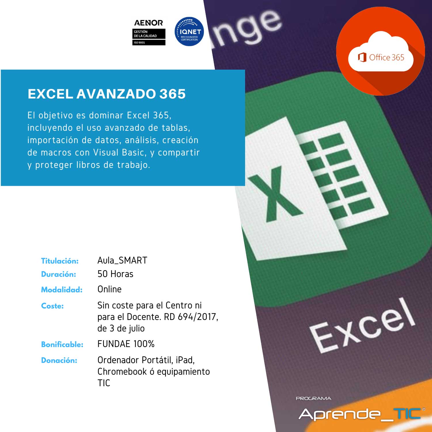 ¡Descubre nuestro&nbsp;curso Excel Avanzado 365! En solo 50 horas, domina técnicas avanzadas y herramientas esenciales para optimizar tu trabajo con Excel. Desde funciones complejas hasta análisis de datos, lleva tus habilidades al siguiente nivel. ¡Inscríbete ahora y destaca en tu profesión!