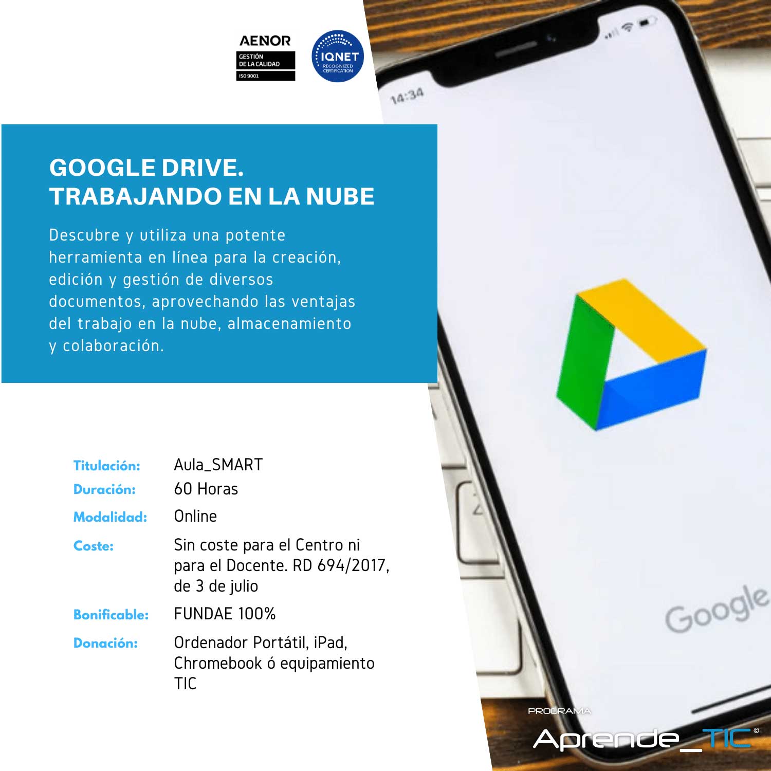 ¡Descubre nuestro&nbsp;curso Google Drive: Trabajando en la Nube! En solo 60 horas, aprende a gestionar y compartir documentos de manera eficiente. Domina las herramientas colaborativas y optimiza tu productividad. ¡Inscríbete ahora y transforma tu forma de trabajar!