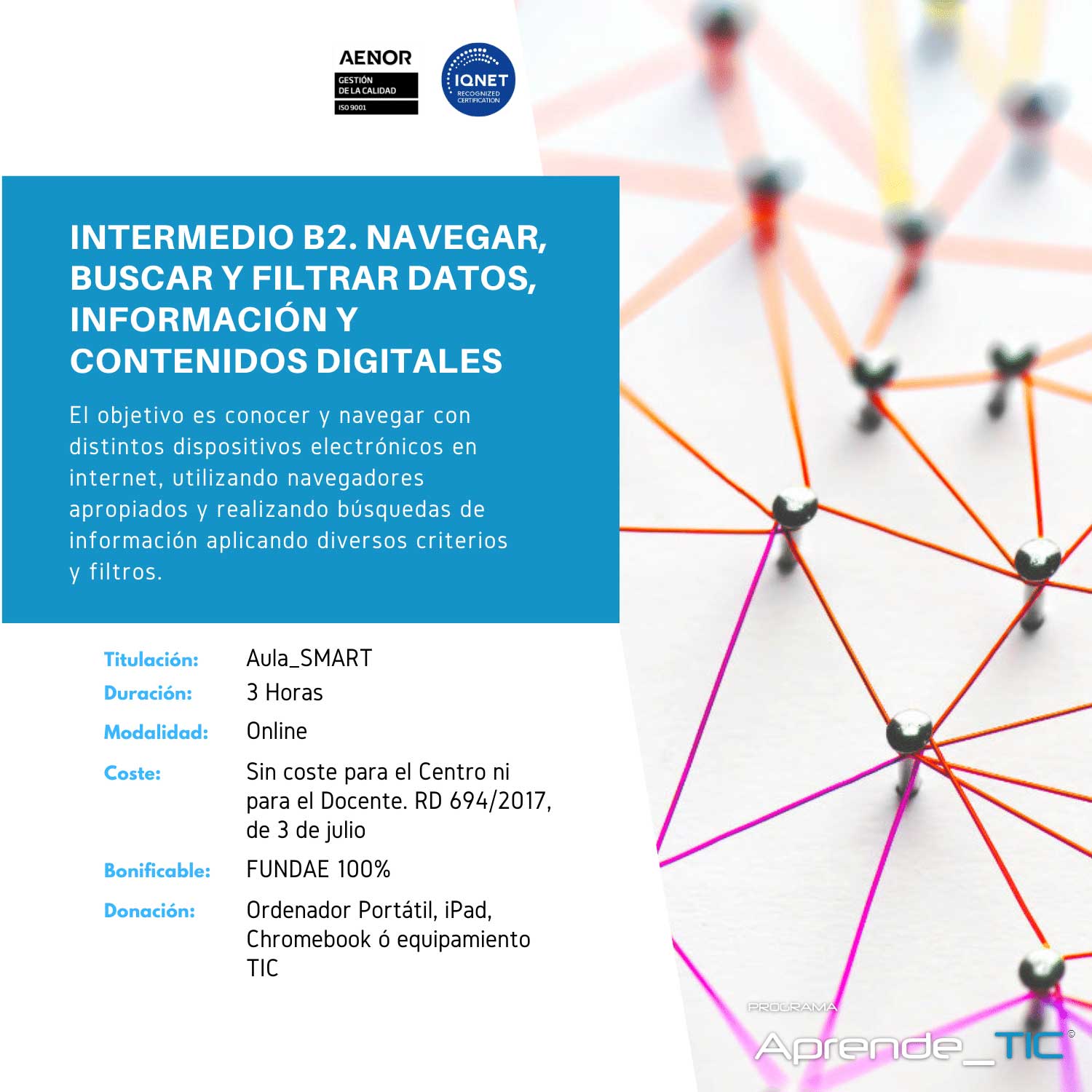 ¡Perfecciona tus habilidades digitales con nuestro&nbsp;curso Intermedio B2: Navegar, Buscar y Filtrar Datos, Información y Contenidos Digitales! En solo&nbsp;3 horas, aprende técnicas avanzadas para gestionar información digital de manera eficiente. ¡Inscríbete ahora y lleva tu competencia digital al siguiente nivel!