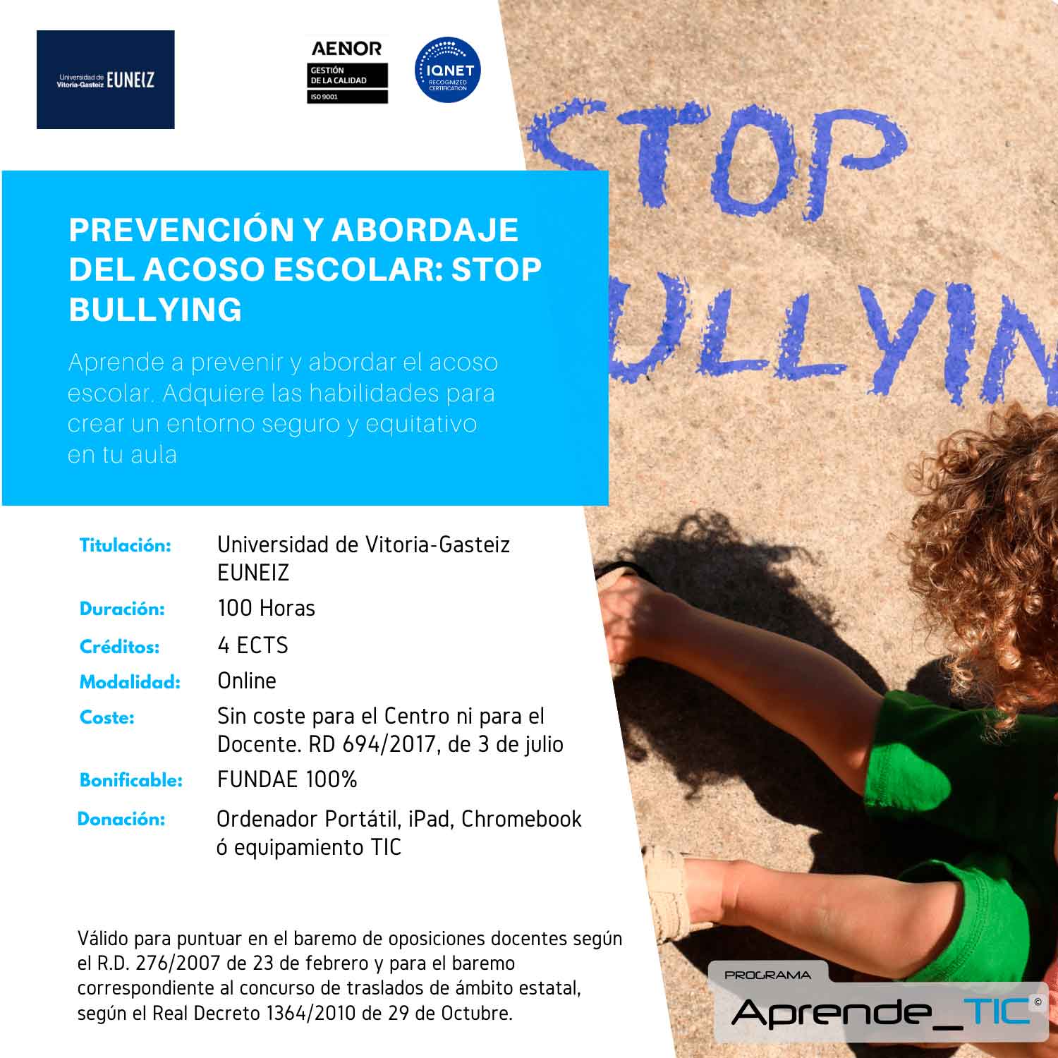 ¡Protege a tus alumnos con el curso “Prevención y Abordaje del Acoso Escolar: STOP Bullying”! Aprende estrategias efectivas para identificar y combatir el acoso escolar. Curso online, 100% bonificable y con titulación universitaria. ¡Inscríbete ahora y recibe un equipo TIC gratuito!