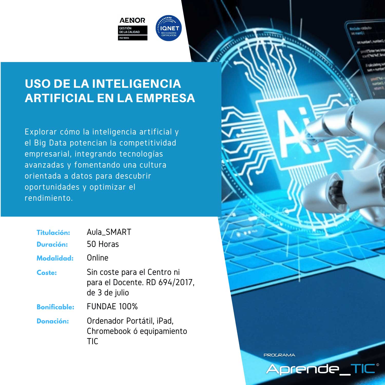 ¡Impulsa tu negocio con nuestro curso Usos de la Inteligencia Artificial en la Empresa! En solo 50 horas, aprenderás a aplicar tecnologías de IA para optimizar operaciones y mejorar la toma de decisiones. ¡Inscríbete ahora y lleva tu empresa al siguiente nivel!