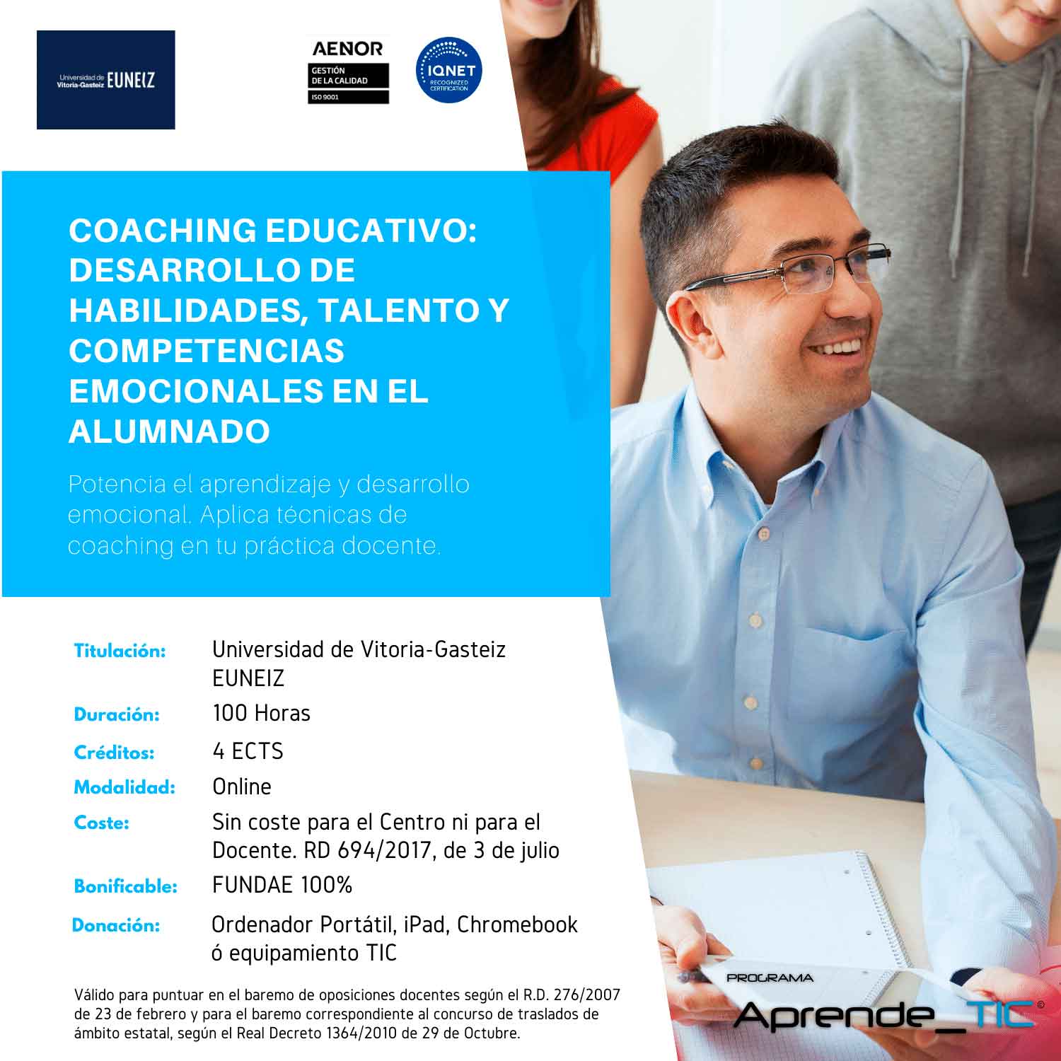 ¡Potencia el talento y las competencias emocionales de tus alumnos! Este curso de 100 horas te enseñará técnicas de coaching educativo para desarrollar habilidades y mejorar el rendimiento académico. Aprende a inspirar y guiar a tus estudiantes hacia el éxito.